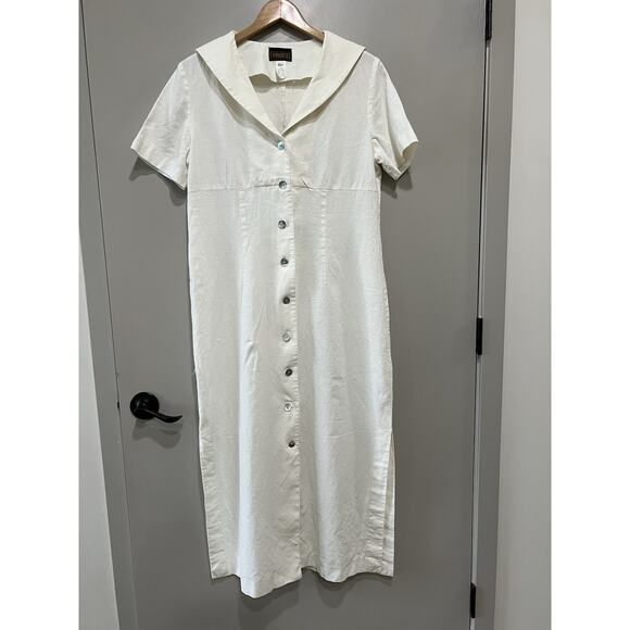 Vintage Statement Ivory Long Shirt Dress Sailor Collar ,side slit Button 12 - Picture 2 of 9